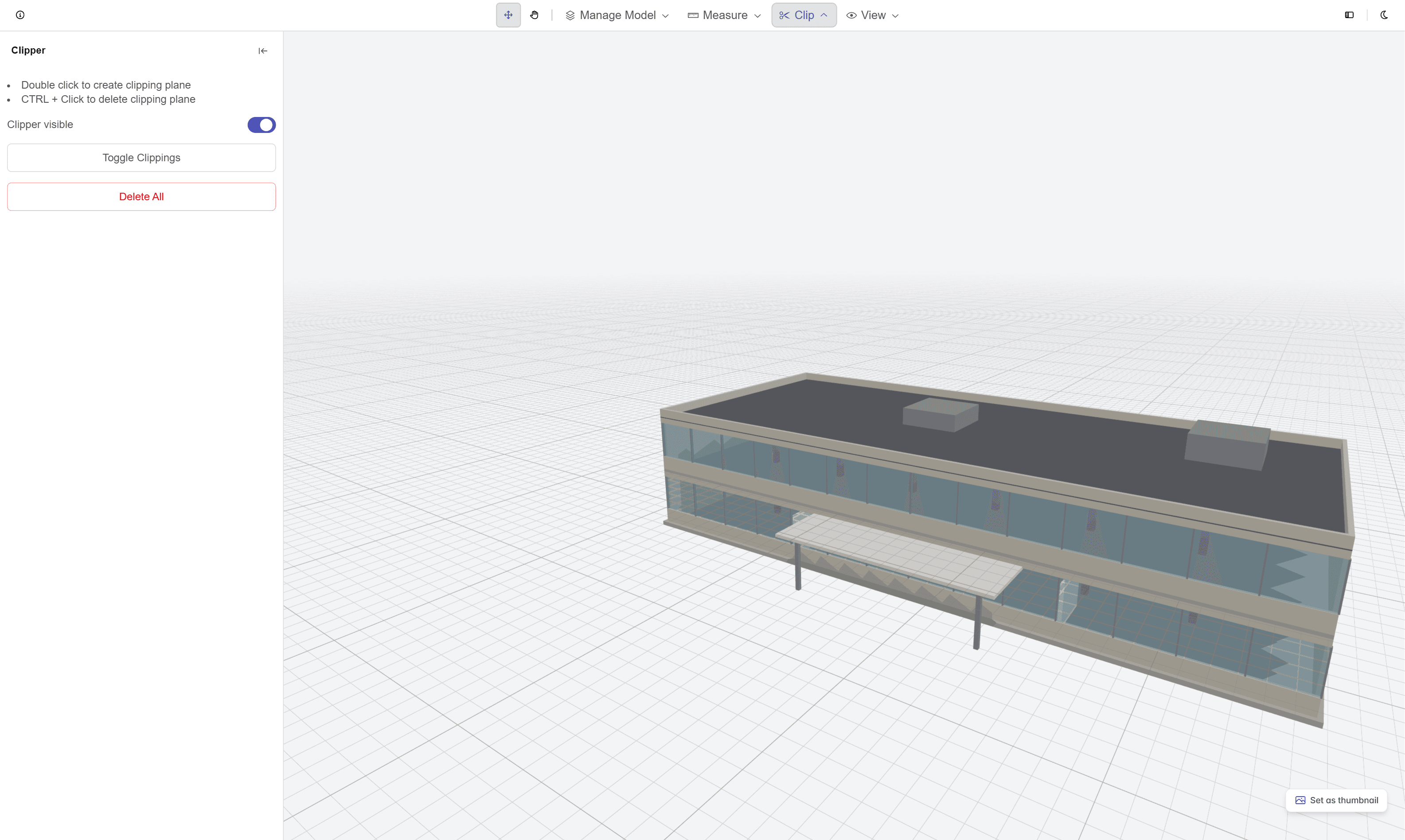 Foundry, Lunr's browser BIM viewer, with a clipping plane cutting a section through a building model.