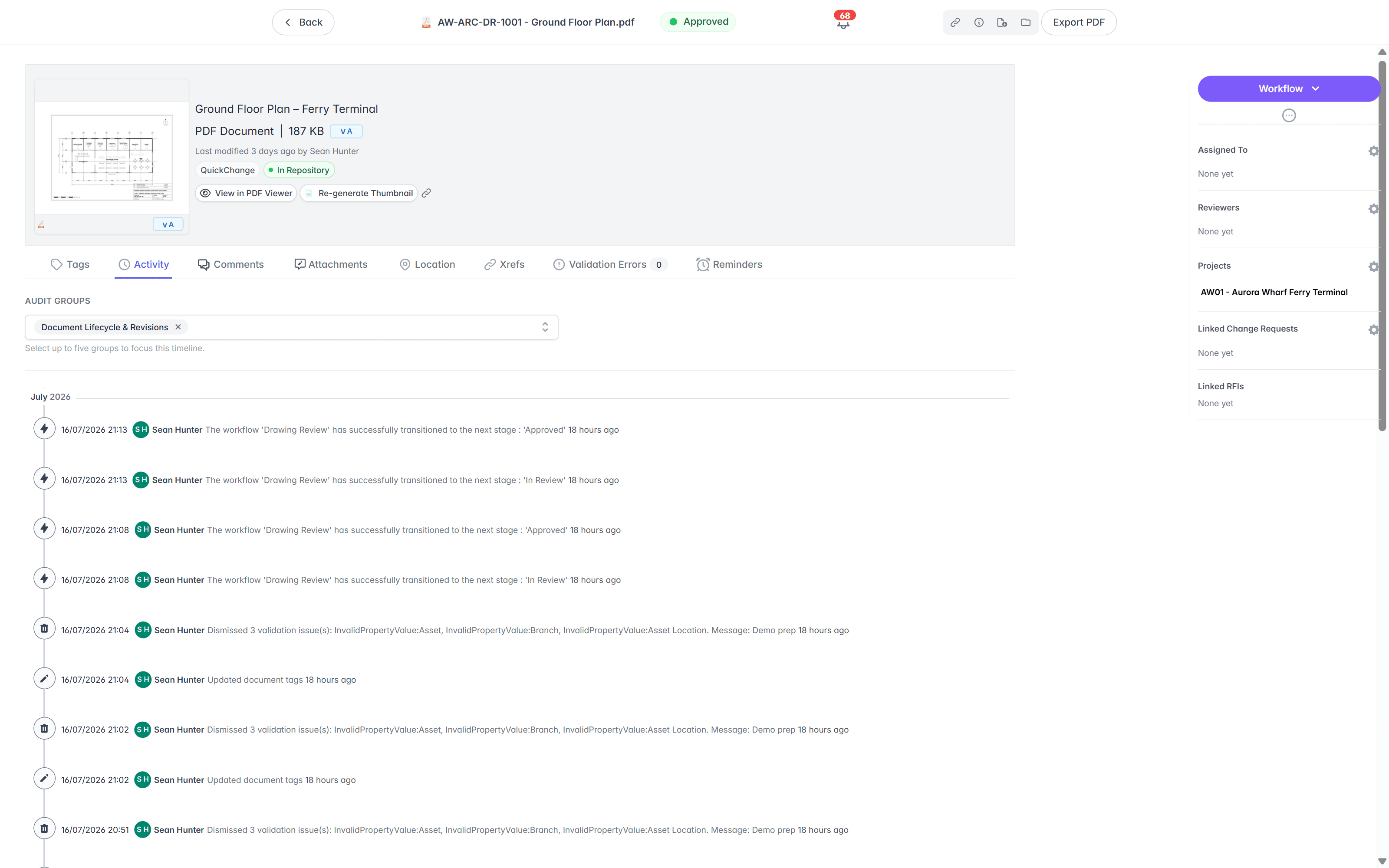 Lunr's document activity view, showing an audit trail of transmittals, workflow transitions, and metadata changes on a controlled drawing.