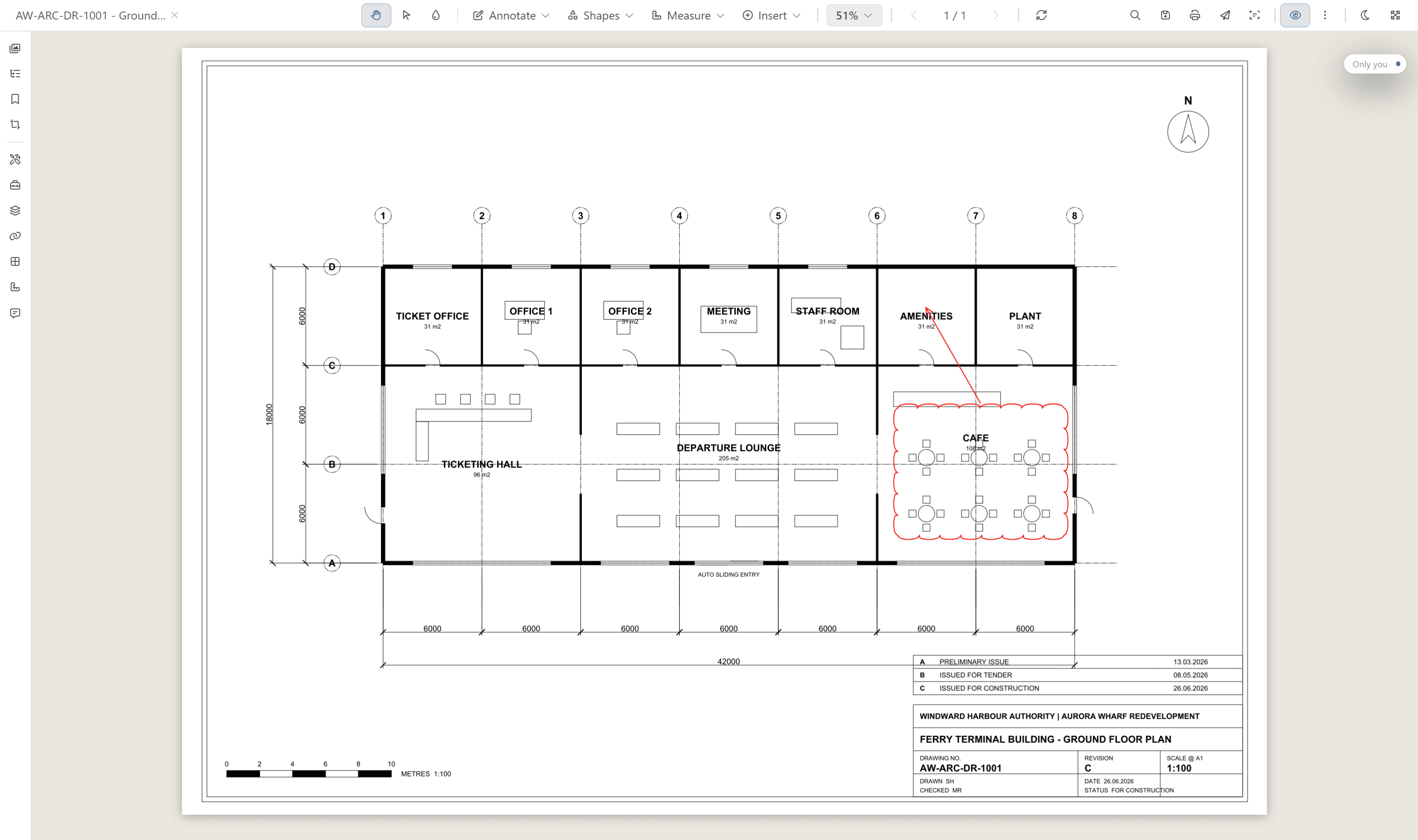 A drawing open in Lunr's Rift viewer in a browser tab, showing the sheet with its panel rail and viewer toolbar, with no Windows client required.