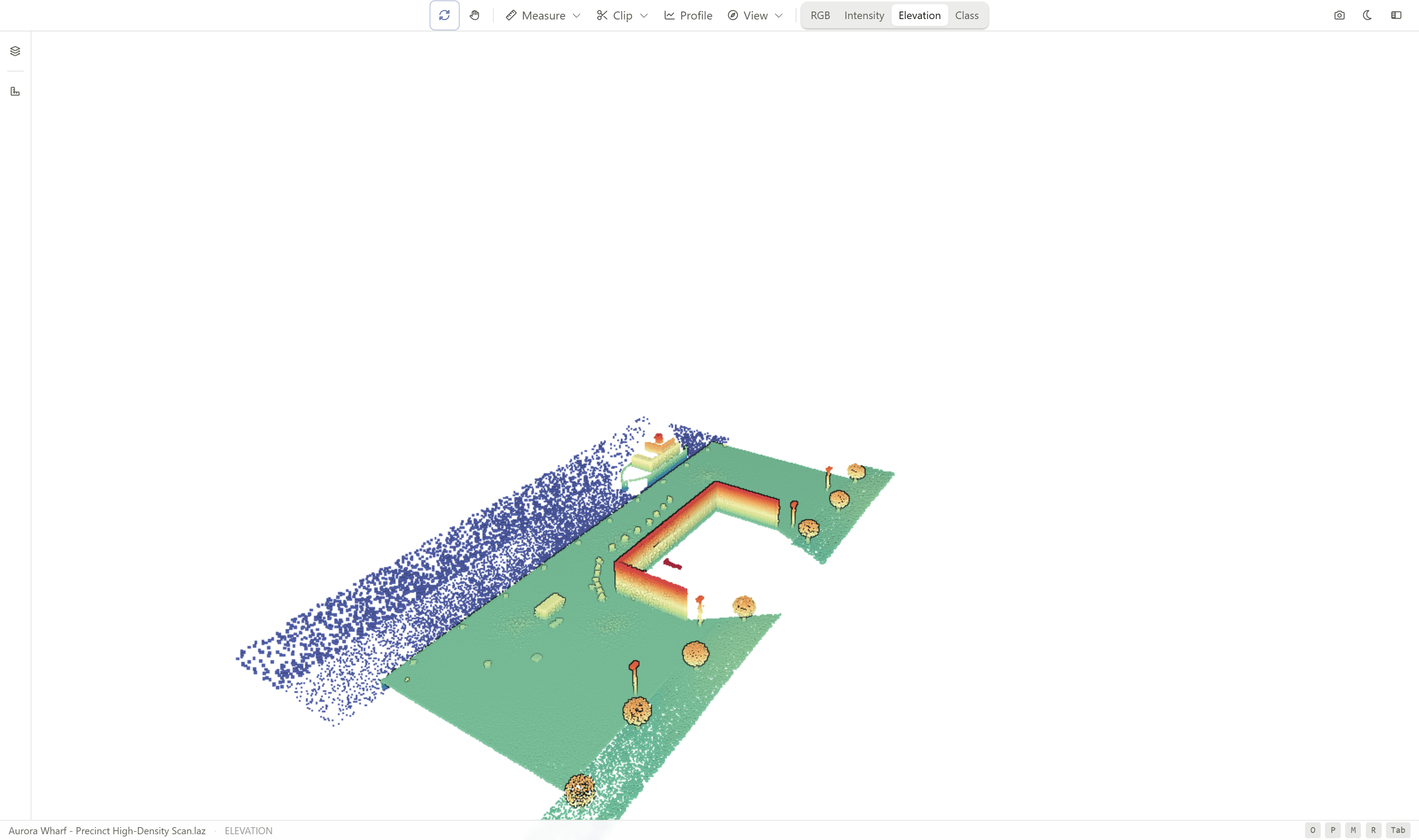 Nimbus, Lunr's browser point cloud viewer, showing a scanned site coloured by elevation, with lower points darker and higher points lighter.