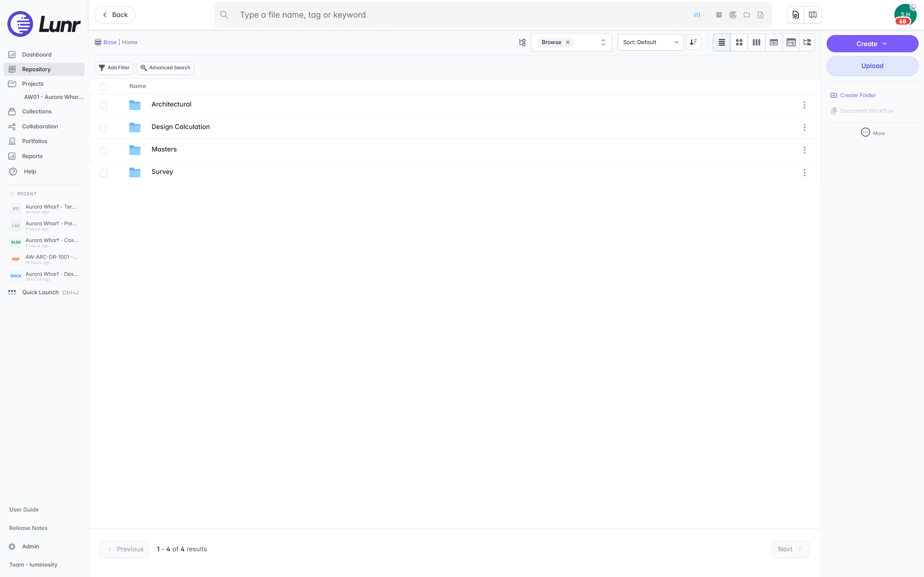 Lunr's repository folder view, showing an imported folder structure on the left beside the controlled drawing documents on the right.