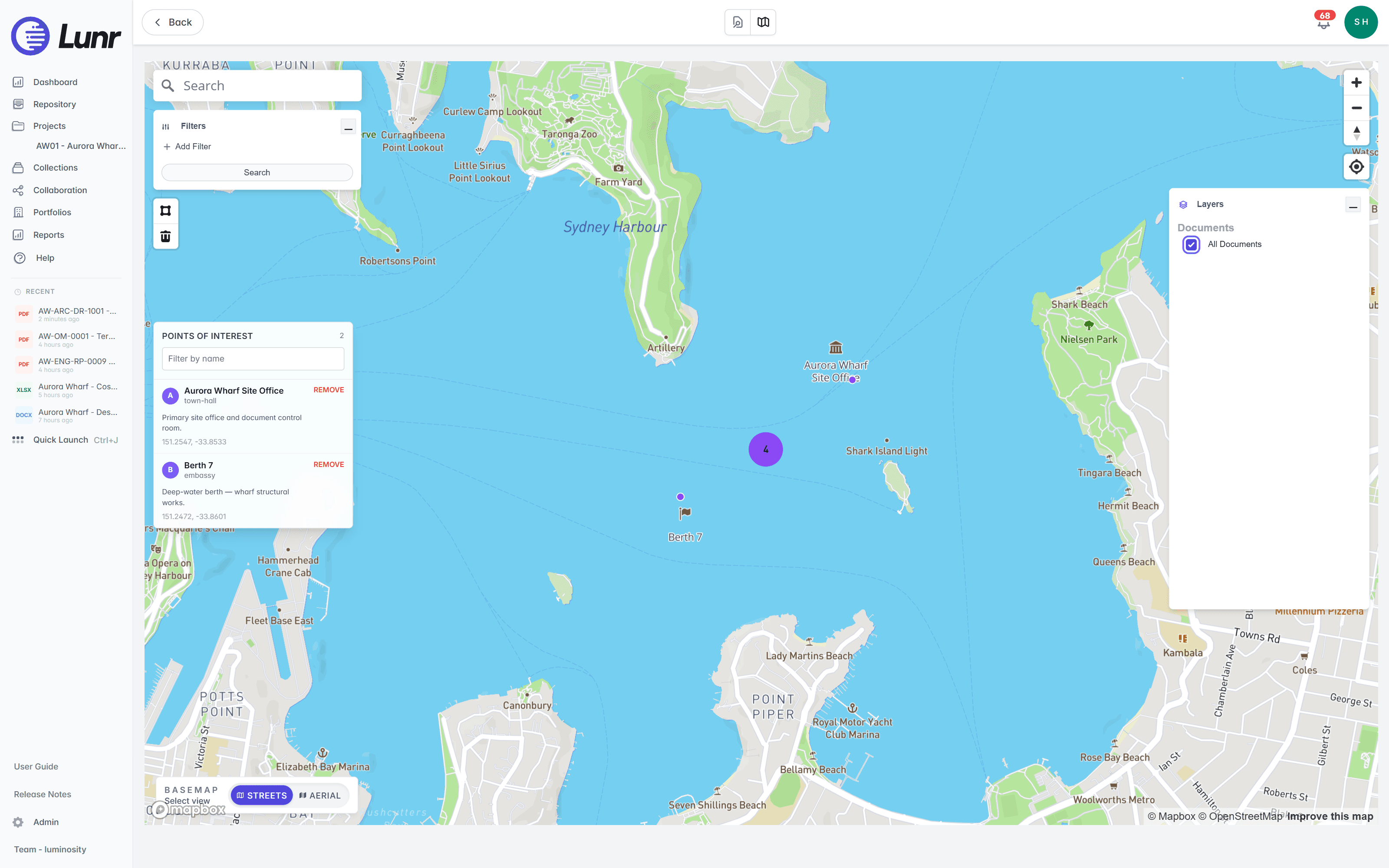 Lunr's map view centred on Sydney Harbour, with a cluster of documents, single document points, and the filters and layers panels.