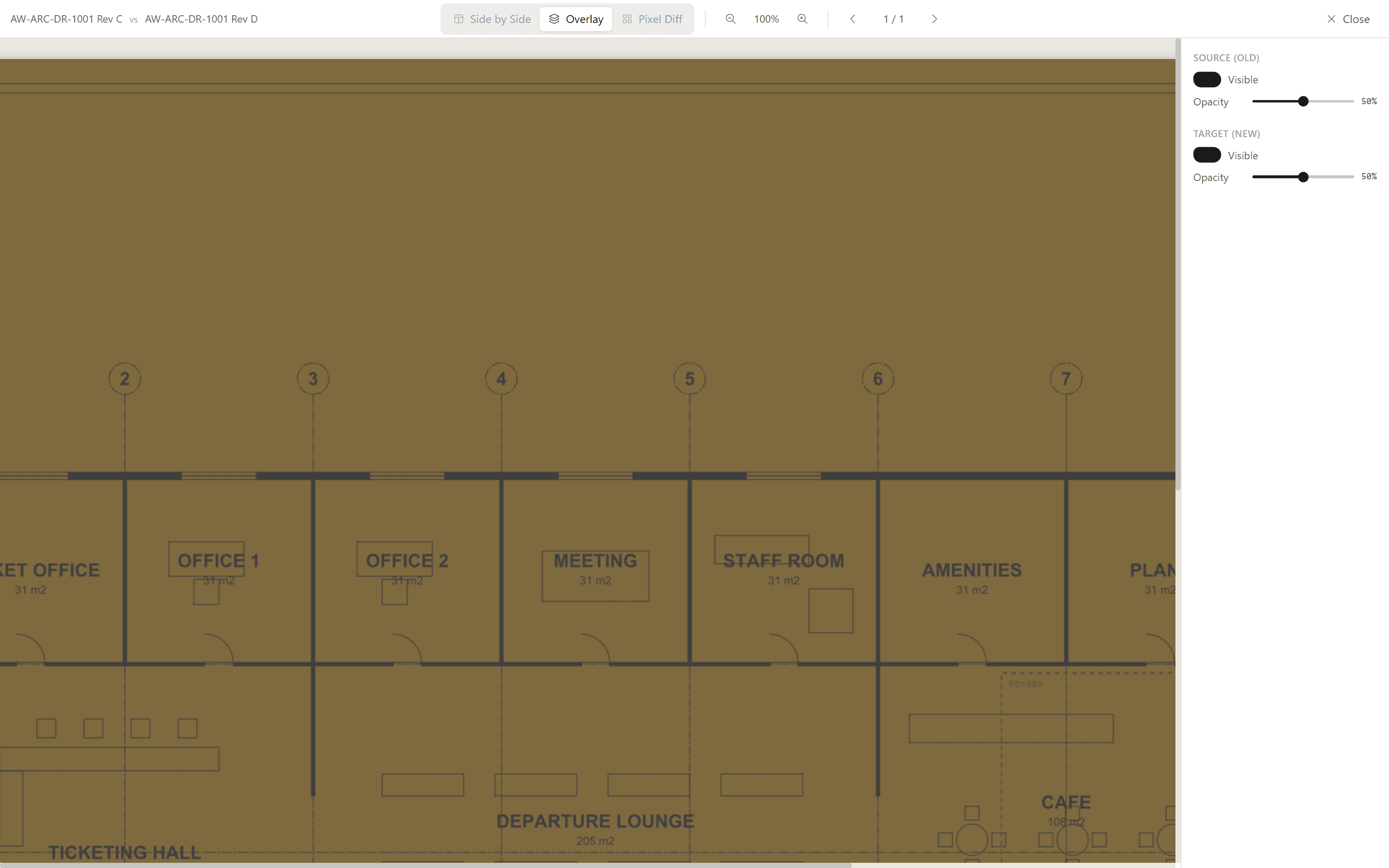 Lunr's revision compare in overlay mode, showing revision C and revision D of a drawing stacked with opacity controls to reveal what changed.