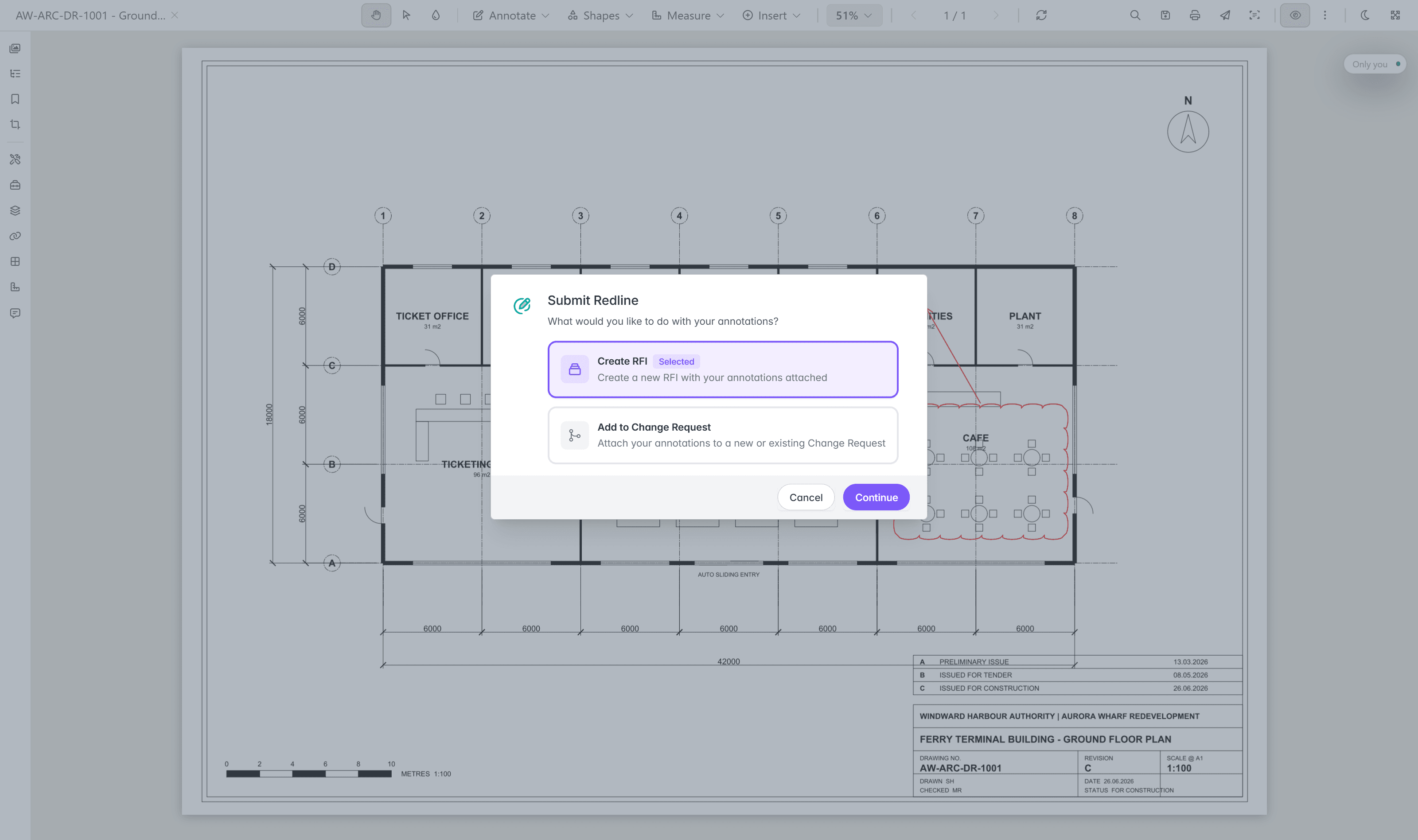 Lunr's viewer with a redline being submitted as an RFI or change request, capturing the markup, an assignee, and a description.