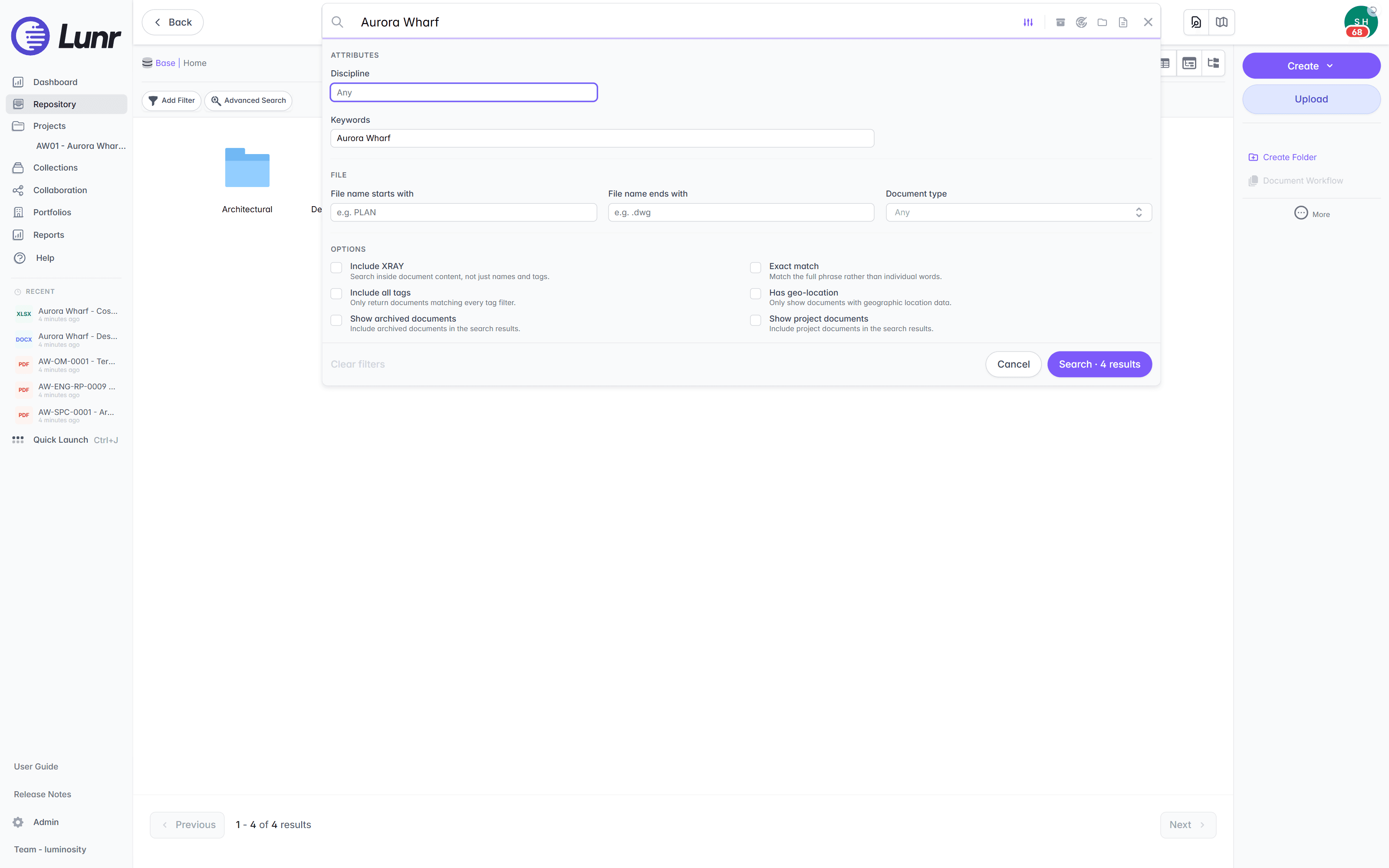 Lunr's Advanced Search panel with a keyword, a discipline filter, file-name filters, and options including Include XRAY and Exact match.