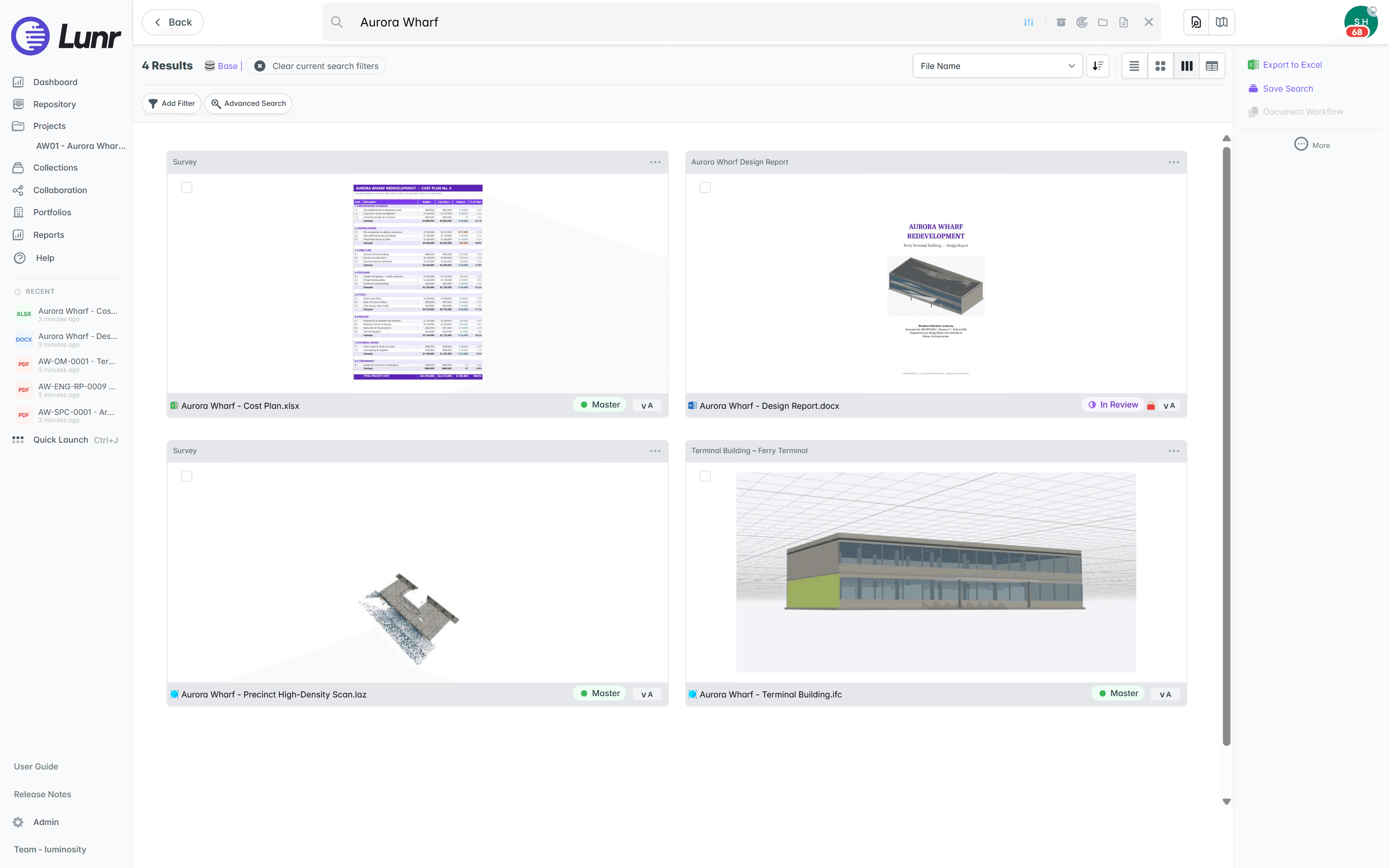 XRAY search results in Lunr shown as rendered thumbnails, including a cost plan spreadsheet, a design report, a point cloud scan, and a building model.